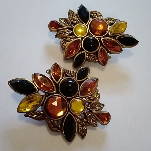 Vintage 80s Amber Black Gold Cluster Clip On Earrings Multi Gem Art Deco MCM - Picture 3 of 8
